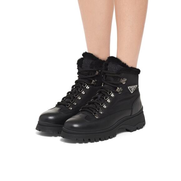 Prada Brixxen 38 Black Shearling Leather Nylon Lug Sole Lace Up Hiking Boot 40.5 - Picture 5 of 16